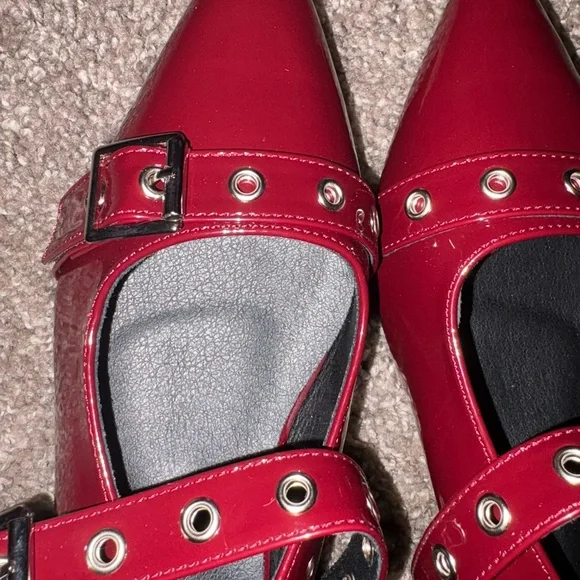 Women's Burgundy Patent Leather Buckle Flats - Picture 3 of 6